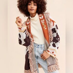 Free People Floral Embroidered Jacket - Brown and Cream